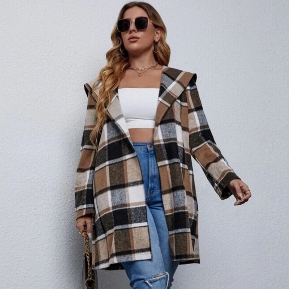 SHEIN Jackets & Blazers - SHEIN Curve Plus Brown and Black Plaid Print Hooded Coat
